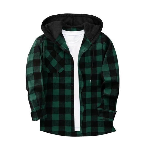 Kalauyu Men's Flannel Hoodie Shirts Casual Button Down Plaid Shirt Jackets for Men Long Sleeve Stylish Hooded with Pocket