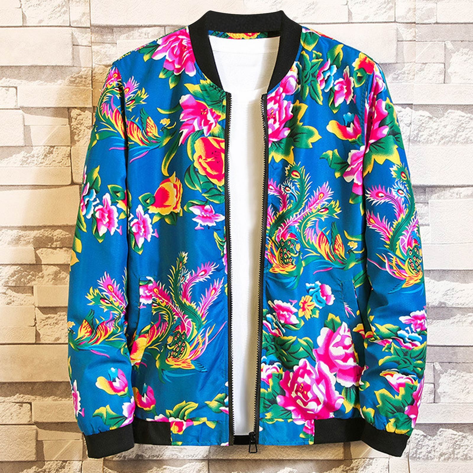 Kalauyu Men s Floral Bomber Jacket Casual Fall Winter Stand Collar Coats Outwear Walmart