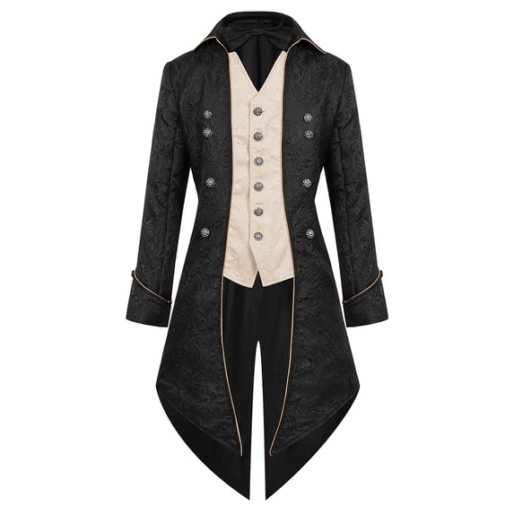 Kalauyu Men's Halloween Mid Long Costume Coat Long Sleeve Turn Down Collar Jacket Halloween Cosplay Wedding Renaissance Party Tailcoat