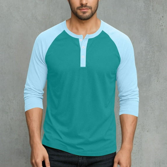 Kalauyu Men's Henley Shirt Spring Fall Crewneck Color Block Slim Fit Long Sleeve T Shirts Button Up Tees