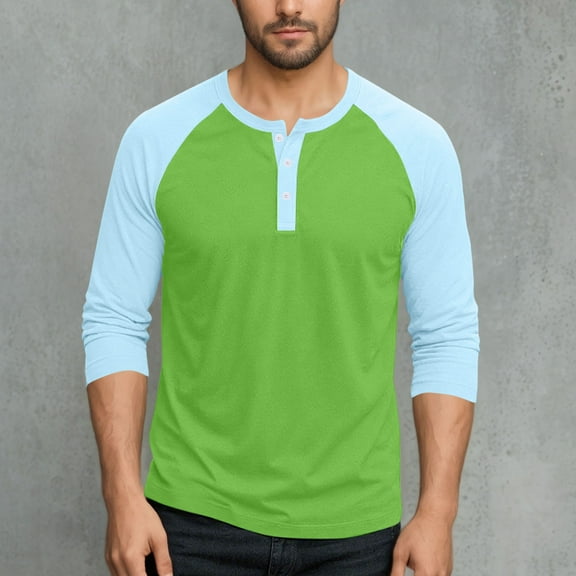 Kalauyu Men's Henley Shirt Spring Fall Crewneck Color Block Slim Fit Long Sleeve T Shirts Button Up Tees