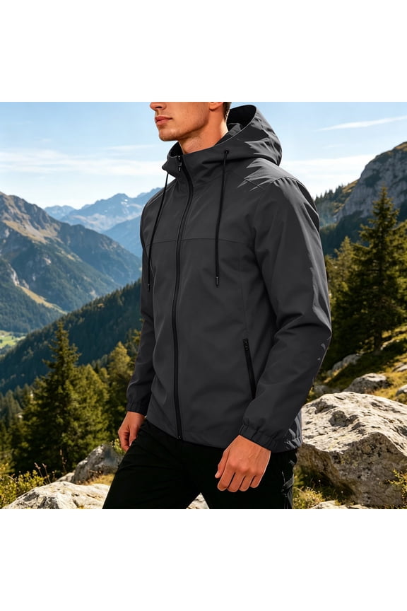 Men's Hooded Outdoor Hiking Full Zip Jacket Lightweight Water Resistant Outerwear with Adjustable Drawstring Hood and Pocket Casual Daily Wear Jacket