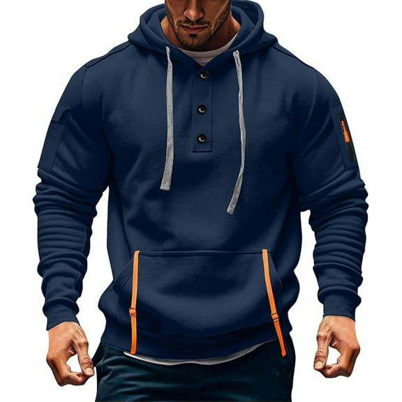 Kalauyu Men's Hoodies Casual Pullover Hooded Sweatshirt Long Sleeve Cargo Hooded Quarter Button Tops with Pocket