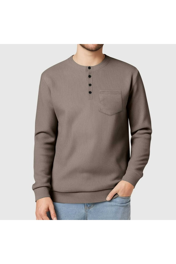 Men's Knit Long Sleeve Waffle Henley Shirts Casual Fall Thermal Shirts Button T-Shirt