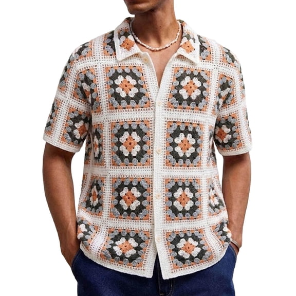 Kalauyu Men's Knit Shirts Short Sleeve Button Down Shirt Crochet Hollow Out Summer Beach Top Vintage Vacation Wear