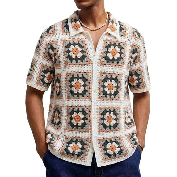 Kalauyu Men's Knit Shirts Short Sleeve Button Down Shirt Crochet Hollow Out Summer Beach Top Vintage Vacation Wear