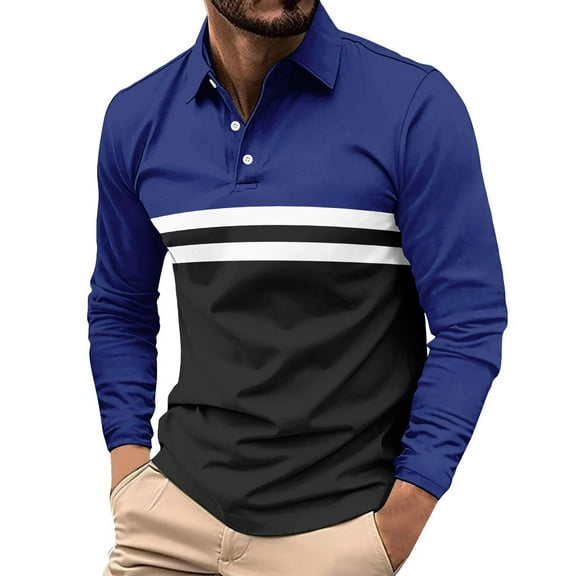 Kalauyu Men's Lapel Shirts Long Sleeve Casual T-Shirts Color Block Slim Fit Golf Shirt