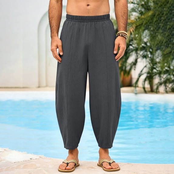 Kalauyu Men's Linen Harem Capri Pants Lightweight Loose 3/4 Shorts Drawstring Elastic Waist Casual Beach Boho Yoga Trousers
