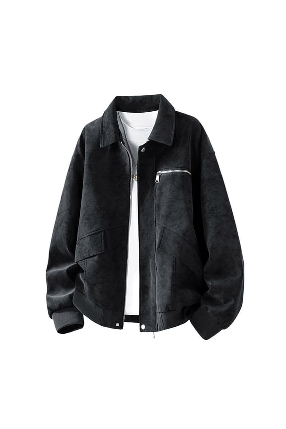 Men's Long Sleeve Turn Down Collar Bomber Jacket with Single Chest Zipper Pocket Elastic Rib Cuffs Vintage Casual Pullover Outerwear