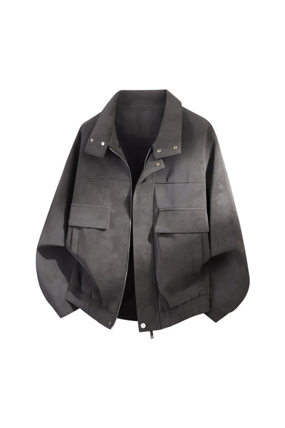 Men's Long Sleeve Turn Down Collar Full Zip Overshirt Jacket with Big Chest Pockets Elastic Hem Casual Solid Color Street Outerwear