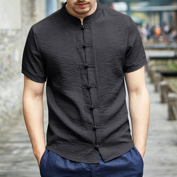 Kalauyu Men's Mandarin Collar Shirts Short Sleeve Button Down Shirt Summer Casual Loose Breathable Lightweight Solid Color Shirts