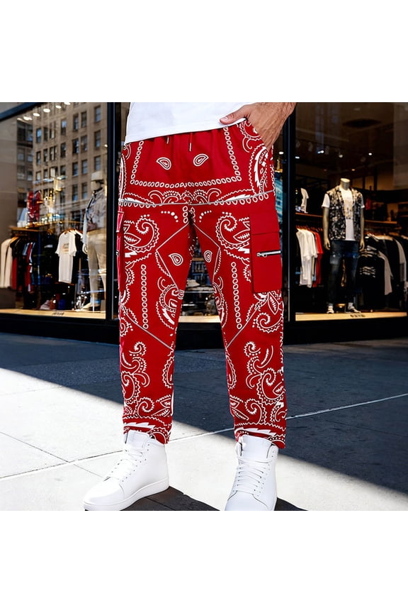 Men's Paisley Pants Cargo Jogger Hip Hop Workout Punk Pants Bandana Techwear Streetwear Sweatpants