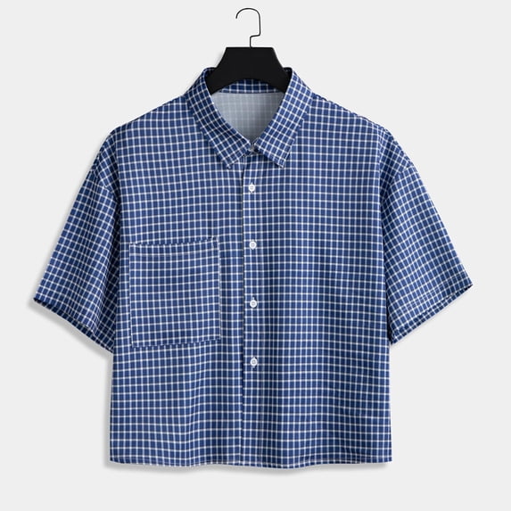 Kalauyu Men's Plaid Shirts Gingham Short Sleeve Button Down Crop Tee Tops