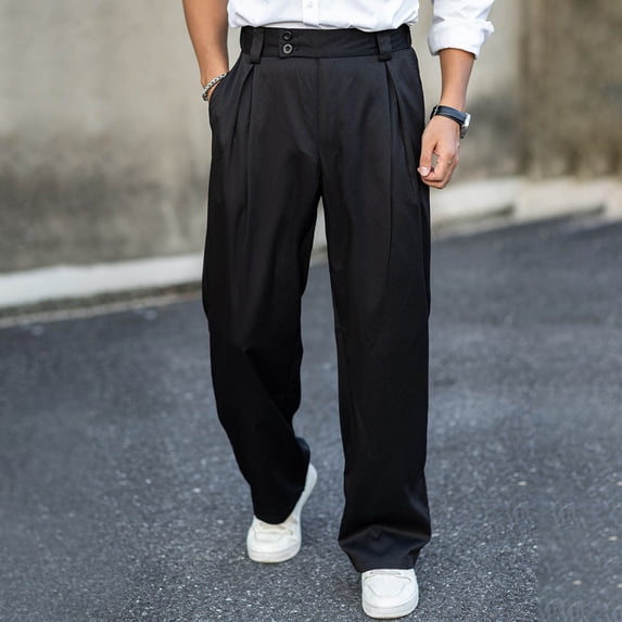 Kalauyu Men's Pleated High Waist Wide Leg Pants Loose Fit Casual Dress Pants with Pocket