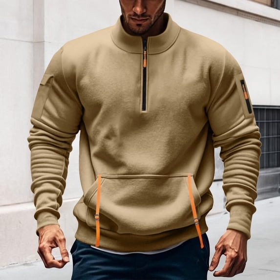 Kalauyu Men's Quarter Zip Pullover Sweatshirts Casual Fleece Cotton Sweater Fall Winter Warm Mock Neck with Pockets