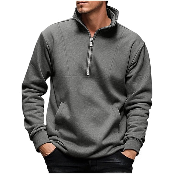 Kalauyu Men's Quarter Zip Sweatshirts Collared Long Sleeve Casual Pullovers Basic Fall Winter Mock Neck Pullover with Pockets Gray S