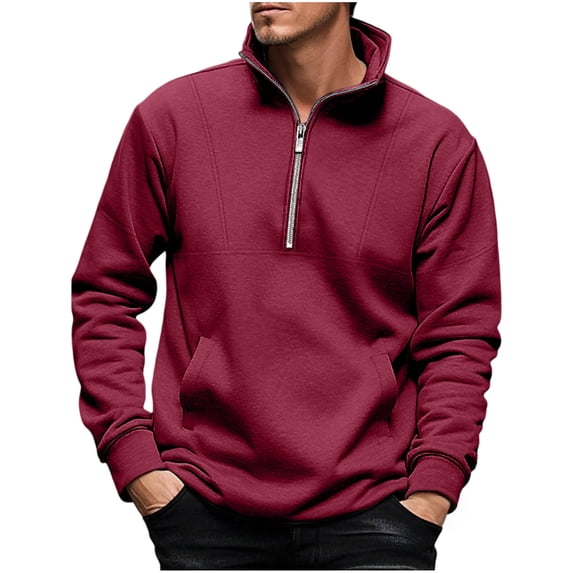 Kalauyu Men's Quarter Zip Sweatshirts Collared Long Sleeve Casual Pullovers Basic Fall Winter Mock Neck Pullover with Pockets Wine S
