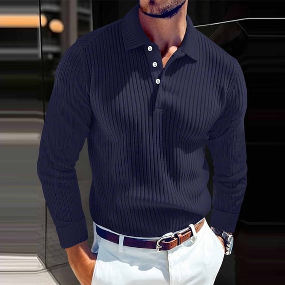Kalauyu Men's Ribbed Knit Sweater Casual Long Sleeve Sweater Collared V Neck Shirts Solid Pullover Tops