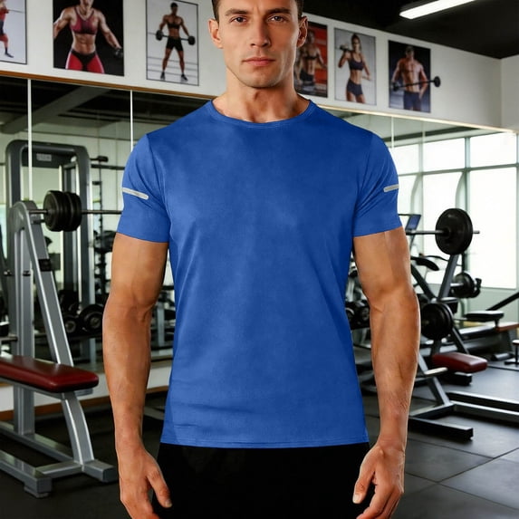 Kalauyu Men's Round Neck Breathable Running T-Shirt Short Sleeve Moisture Wicking Top with Reflective Details