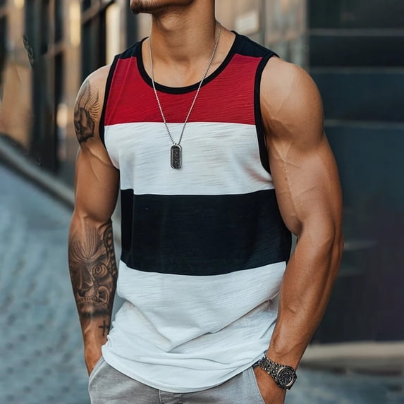 Kalauyu Men's Round Neck Vintage Striped Pinted Tank Tee,Retro Color Block Sleeveless Shirt for Casual Street Top