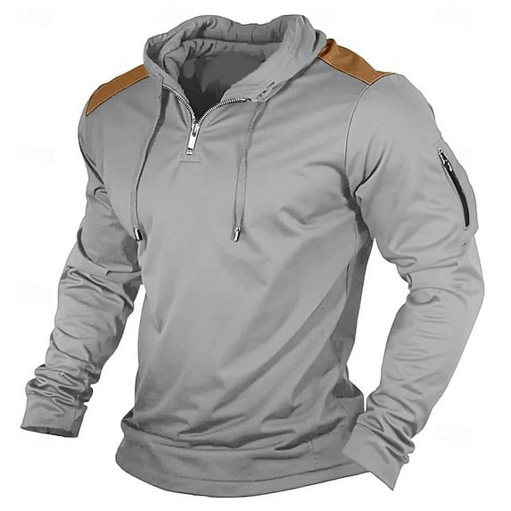 Kalauyu Men's Shirt Hooded Long Sleeve Quarter Zipper Vintage Solid Casual T-shirt Tactical Patchwork Western Tee Sports