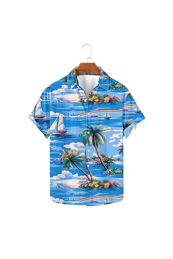 Men's Short Sleeve Button-Front Shirt - Hawaiian Floral Print Durable Wrinkle-Resistant, Great for Leisure Summer