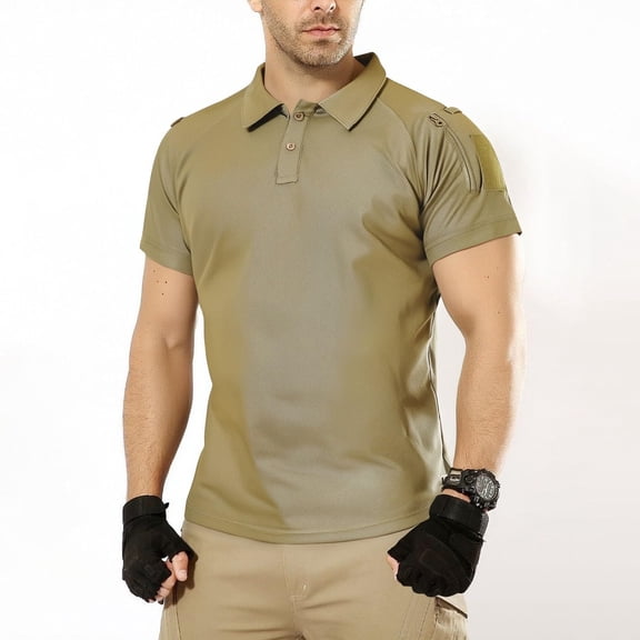 Kalauyu Men's Short Sleeve Military Tactical T-Shirt, Athletic Gym Training Shirts, Outdoor Hiking Fitness Lapel Shirt