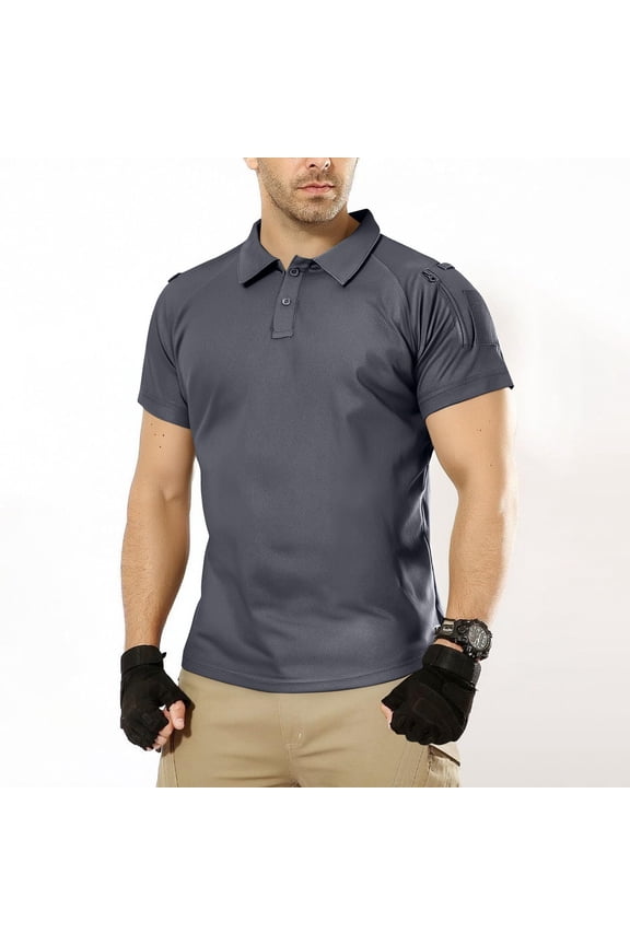 Men's Short Sleeve Military Tactical T-Shirt, Athletic Gym Training Shirts, Outdoor Hiking Fitness Lapel Shirt