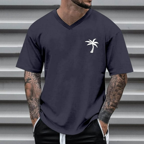 Kalauyu Men's T Shirt Short Sleeve Palm Tree Print V Neck T-Shirt Casual Summer Classic Basic Tee Shirts