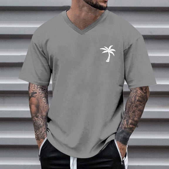 Kalauyu Men's T Shirt Short Sleeve Palm Tree Print V Neck T-Shirt Casual Summer Classic Basic Tee Shirts