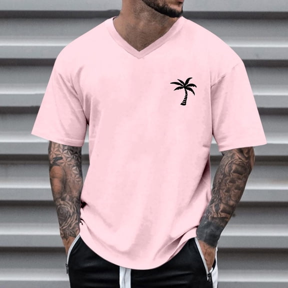 Kalauyu Men's T Shirt Short Sleeve Palm Tree Print V Neck T-Shirt Casual Summer Classic Basic Tee Shirts