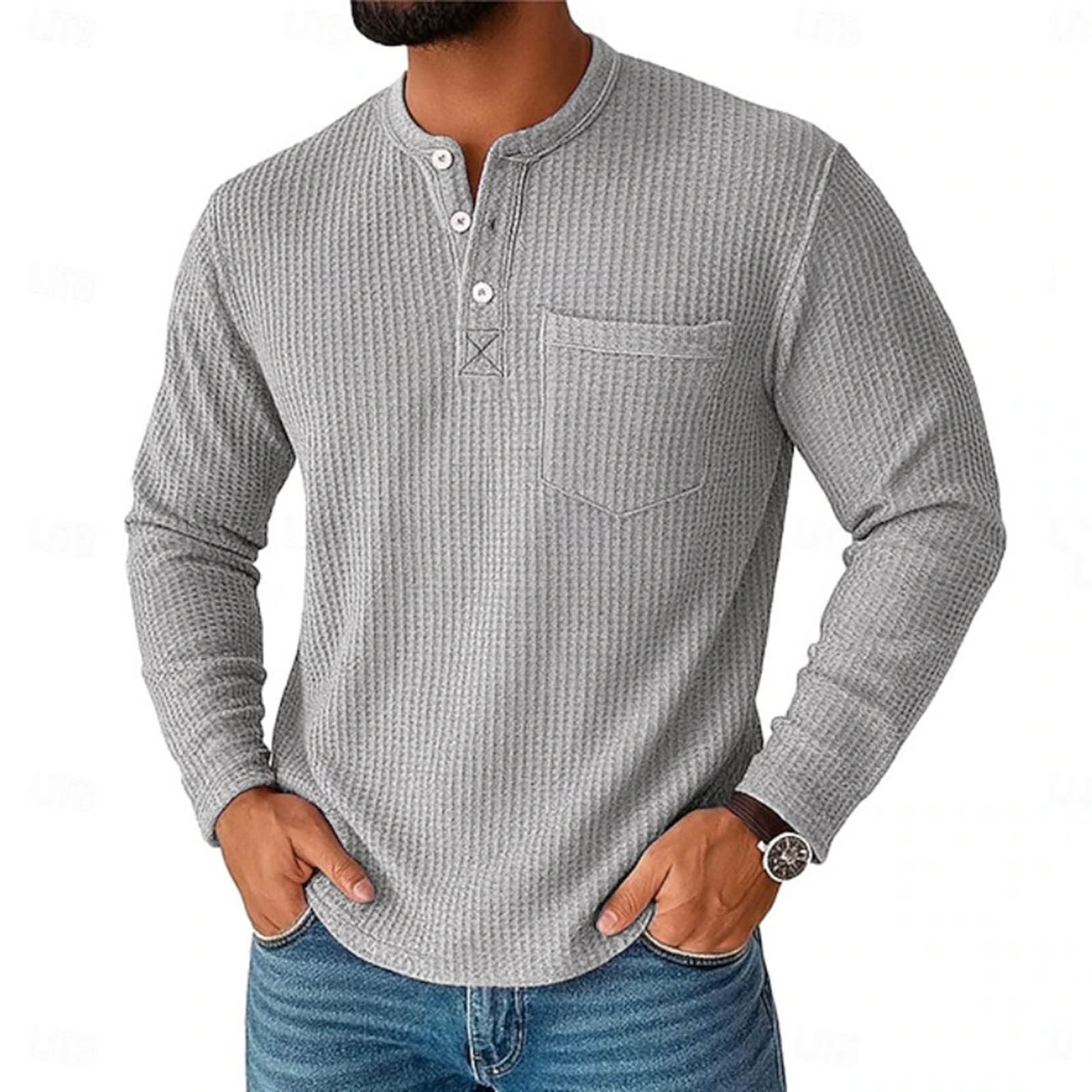 Kalauyu Men's Waffle Shirts Long Sleeve Henley T-Shirt Crew Neck Tees ...