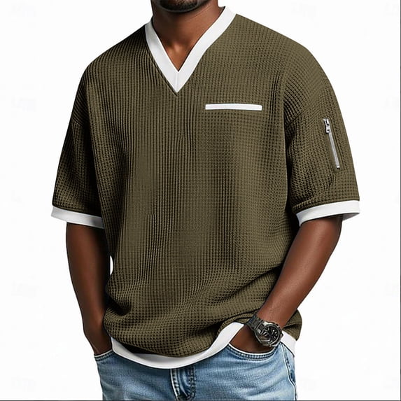 Kalauyu Men's Waffle Shirts V Neck Tee with Pocket Short Sleeve Textured Knitted Summer Casual Basic Tops