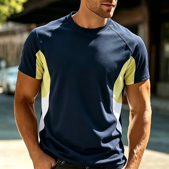 Kalauyu Mens Athletic Short Sleeve Round Neck Cotton Blend T Shirts Two Tone Side Panel Soft Breathable Summer Daily Color Block Casual Gym Tees