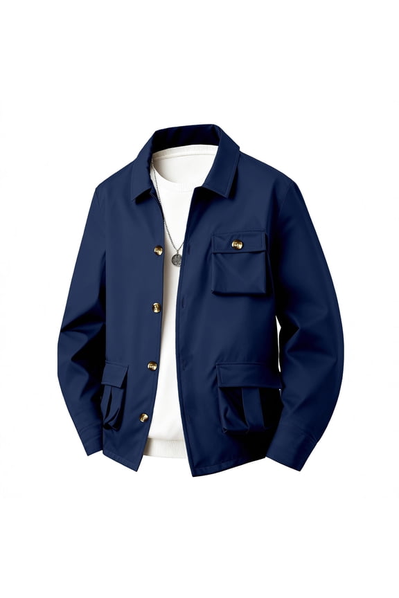 Mens Button Down Cargo Jacket Windproof Multi Pocket Lightweight Shirt