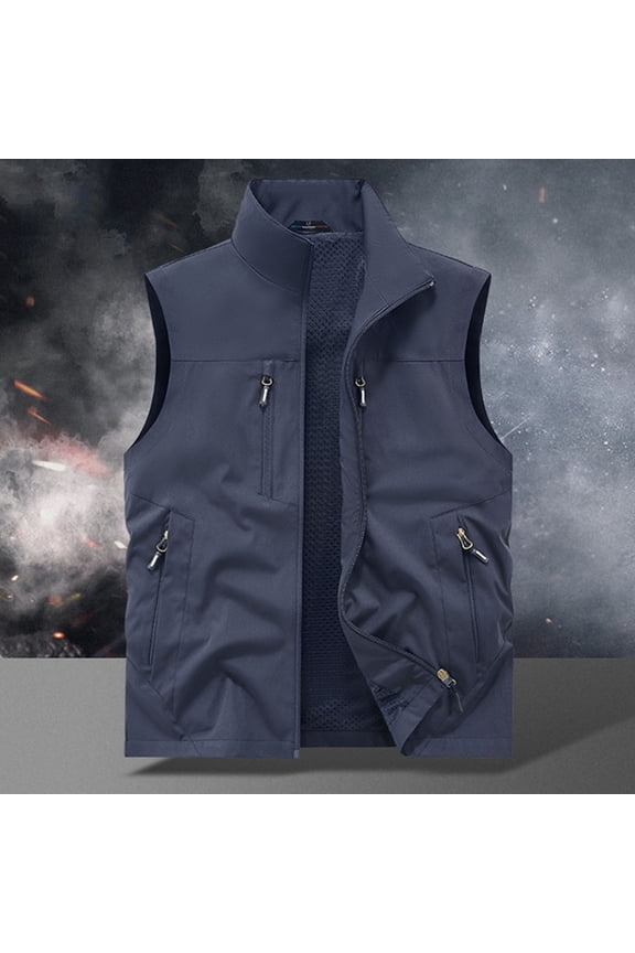 Mens Cargo Tank Stand Up Neck Vest with Multiple Zipper Pockets and Mesh Lining Loose Fit