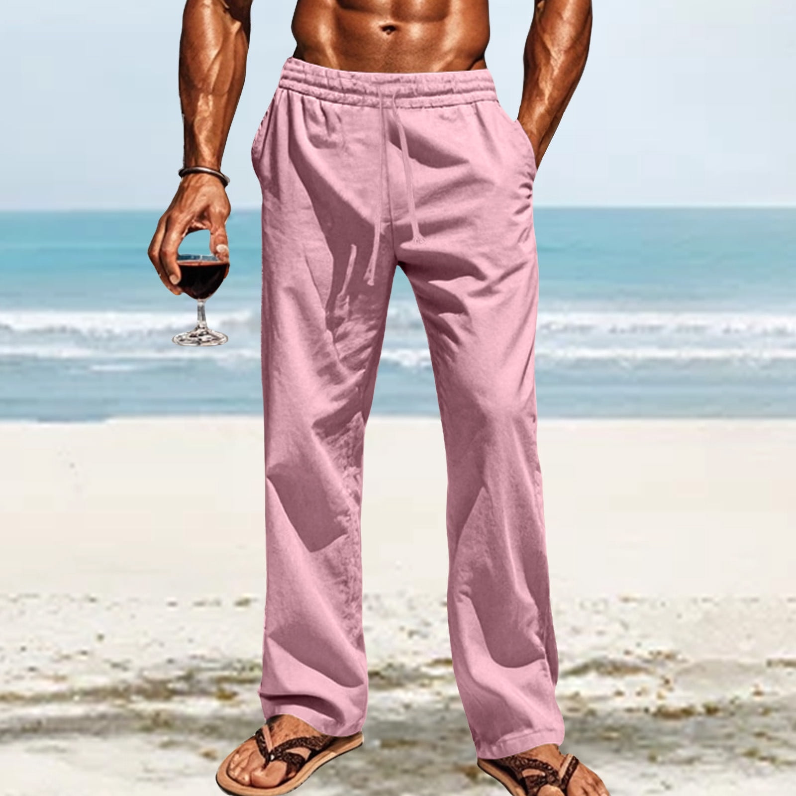 Chiccall Mens Casual Cotton Linen Pants Solid Loose Fit Drawstring Elastic Waist Breathable Straight-Legs Summer Yoga Beach Long Pants - View #4