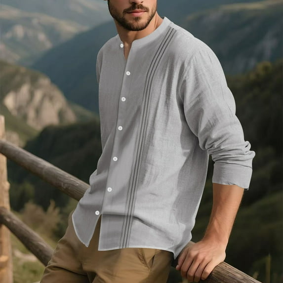 Kalauyu Mens Casual Linen Shirts Long Sleeve Button Down Band Collar Fall Spring Summer Beach Shirt