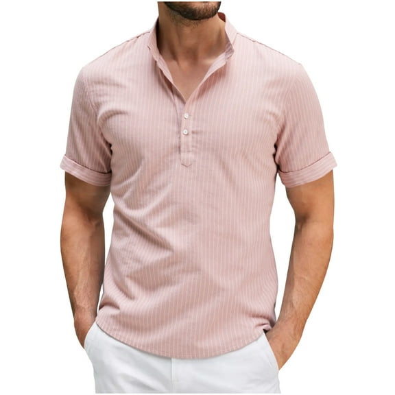 Kalauyu Mens Cotton Linen Henley Shirts Casual Short Sleeve Shirt Summer Beach Hippie Tshirt Band Collar Shirt for Men