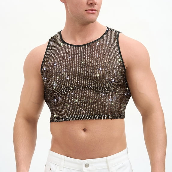 Kalauyu Mens Cropped Mesh Tank Top Vertical Striped Rhinestone Sleeveless See Through Party Shirt