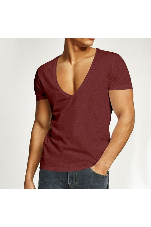 Mens Deep V Neck T-Shirts Muscle Shirt Low Cut Cotton Undershirts Slim Fit Short Sleeve Tees