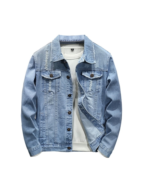 Mens Denim Jacket, Washed Casual Regular Fit Button Down Long Sleeve Jean Trucker Jacket
