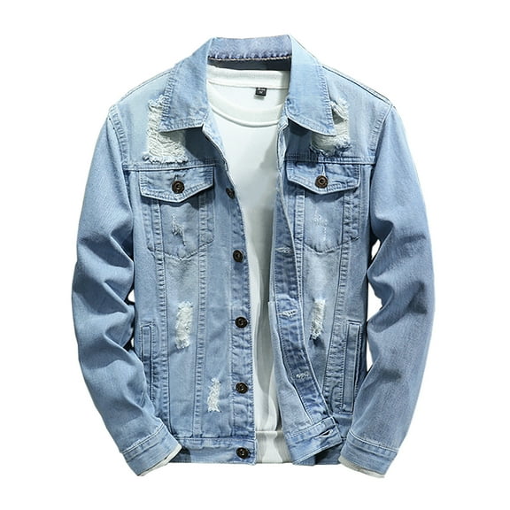 Kalauyu Mens Denim Jacket, Washed Casual Regular Fit Button Down Long Sleeve Jean Trucker Jacket