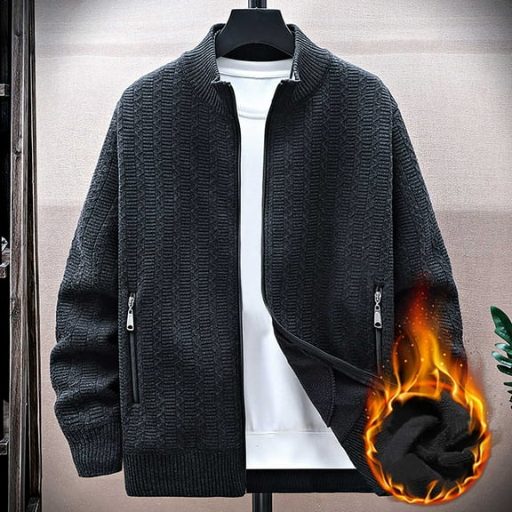Kalauyu Mens Full Zip Cardigan Sweater Casual Slim Fit Knit Sweaters Stand Collar Fall Winter Ribbed Cardigan