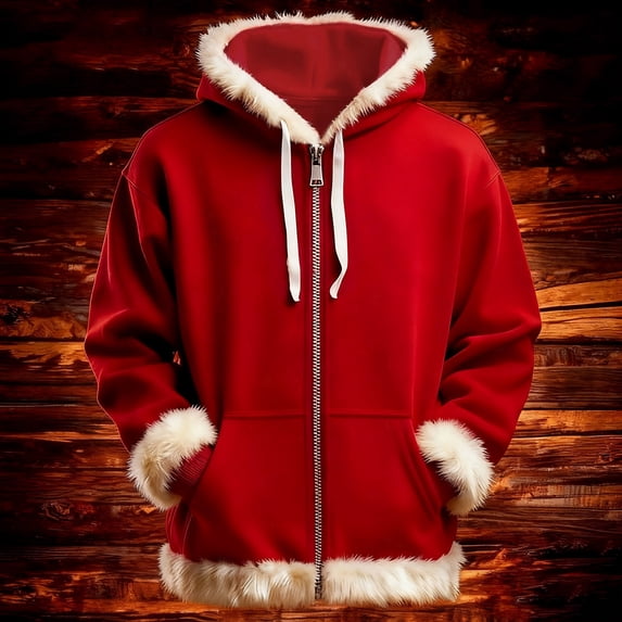 Kalauyu Mens Full Zip Christmas Colorblock Jacket Long Sleeve Santa Themed Holiday Fleece Outerwear with Front Pocket Casual Warm Winter Coat