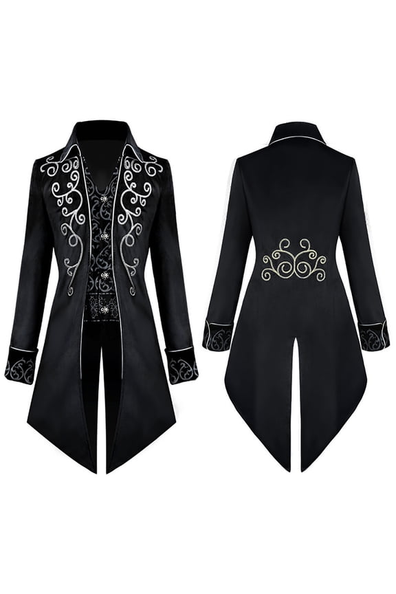 Mens Halloween Embroidery Mid-Length Tailcoat Integrated Costume Jacket Turn Down Collar Coat for Halloween Vampire Renaissance Cosplay Party Coat