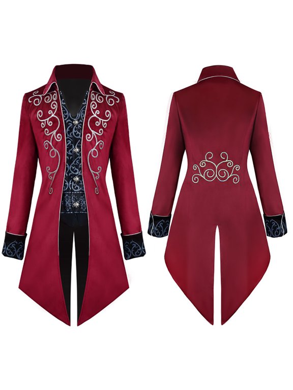Mens Halloween Embroidery Mid-Length Tailcoat Integrated Costume Jacket Turn Down Collar Coat for Halloween Vampire Renaissance Cosplay Party Coat