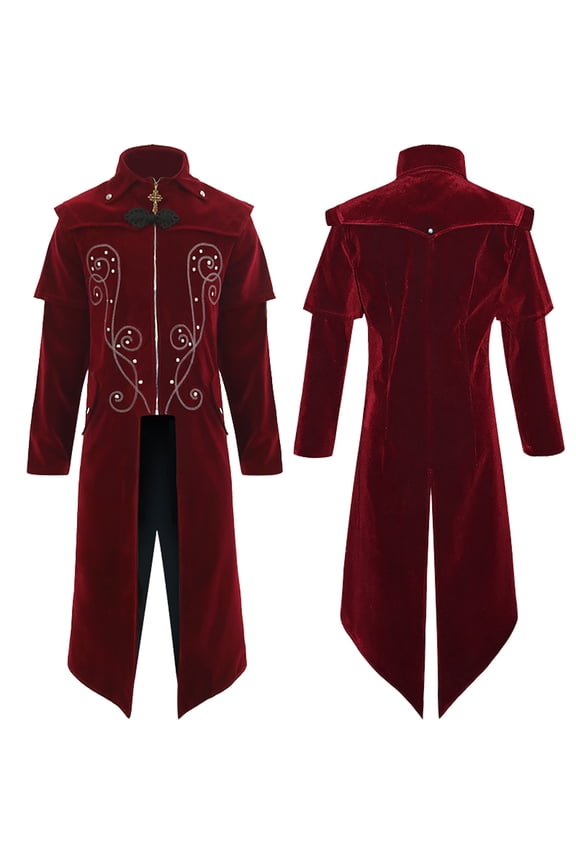Mens Halloween Medieval Vampire Long Trench Coat Embroidery Rhinestone Stand Collar Zip Up Costume Jacket for Halloween Cosplay Party Tailcoat