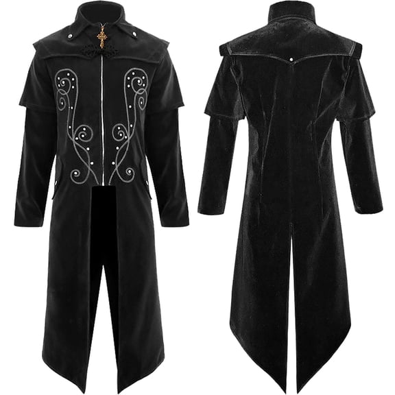 Kalauyu Mens Halloween Medieval Vampire Long Trench Coat Embroidery Rhinestone Stand Collar Zip Up Costume Jacket for Halloween Cosplay Party Tailcoat