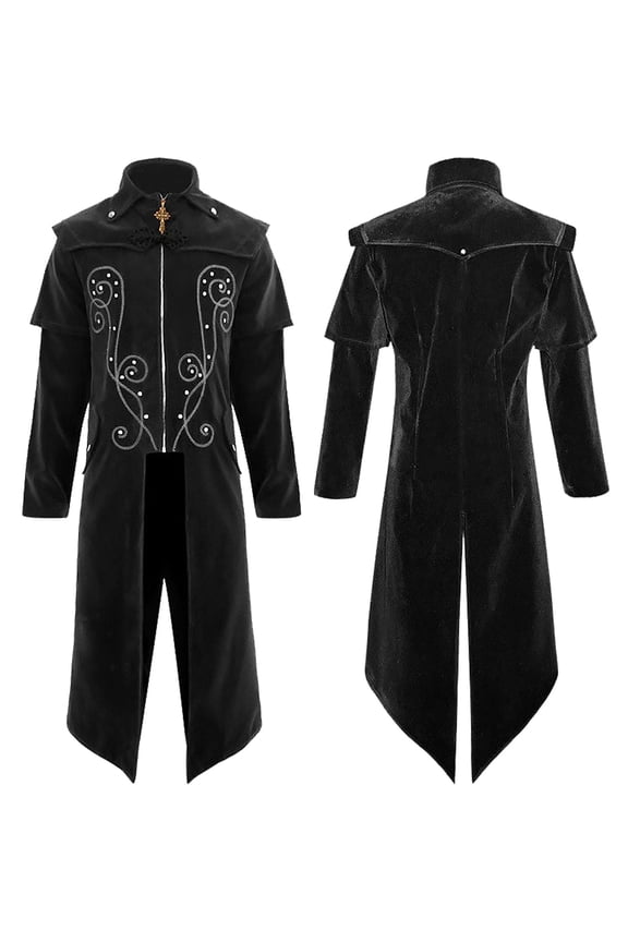 Mens Halloween Medieval Vampire Long Trench Coat Embroidery Rhinestone Stand Collar Zip Up Costume Jacket for Halloween Cosplay Party Tailcoat